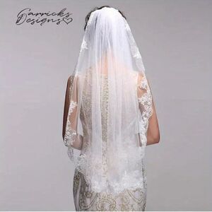 Embroidered Lace and Gems Edge Fingertip Bridal Wedding Veil White With Comb